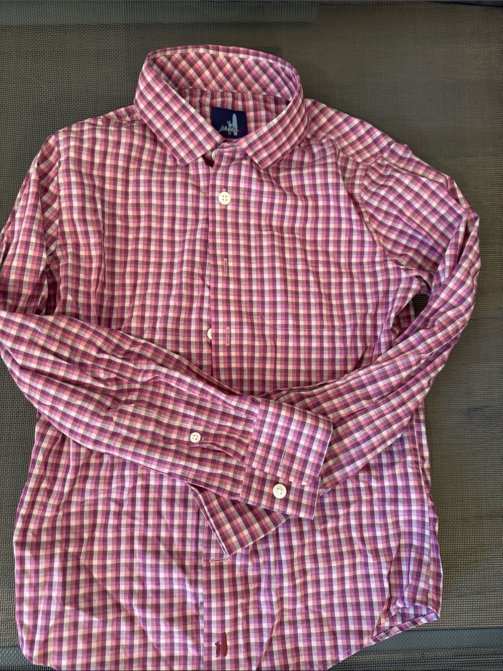 Boys Johnnie O performance Purple and Pink Plaid Button-Down Shirt like new